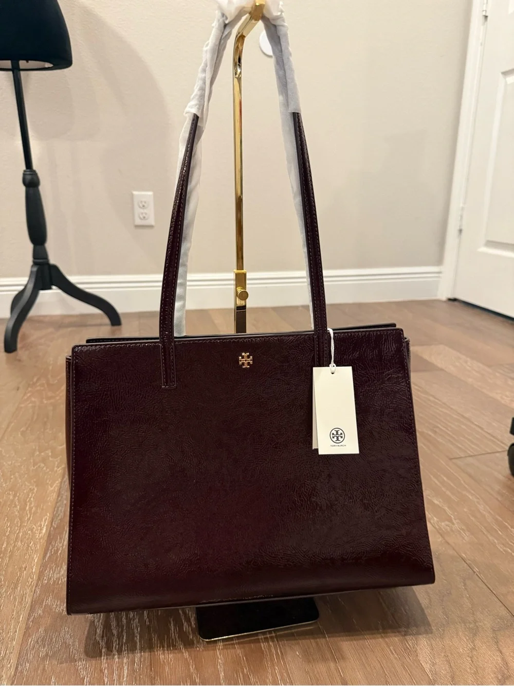 Tory Burch Patent Leather Shoulder Tote in Deep Burgundy